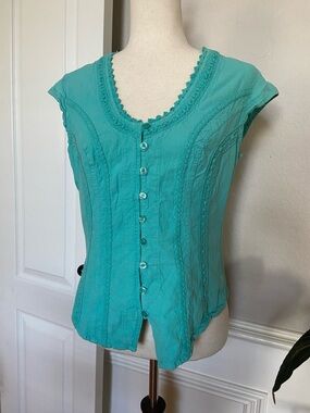 Soft Surroundings Taos Teal Button-Front Cap Sleeve Blouse
